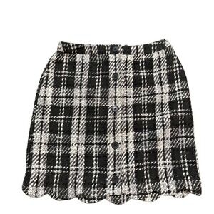 Cato Plaid Tweed Mini Skirt Button Front Scalloped Hem Black White Size 10